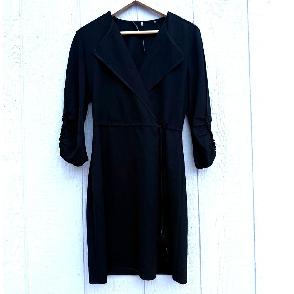 new ELIE TAHARI black silk stretch ruched sleeve faux wrap Tera cocktail dress